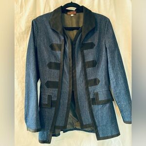 Trendy tailored blazer denim with velvet trim inside buttoning